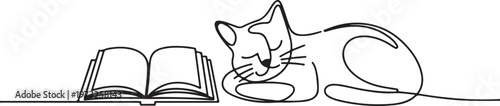 Continuous line art illustration of a peaceful cat sleeping next to an open book, symbolizing quiet relaxation, cozy leisure, and the comforting presence of a feline companion