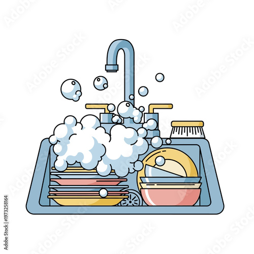 Kitchen sink filled with soapy dishes, water faucet and bubbles, cleaning illustration