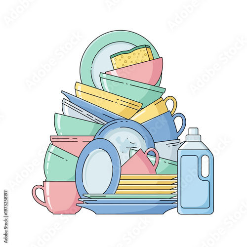 Pile of Dirty Dishes with Sponge and Detergent Bottle, Kitchenware Stack