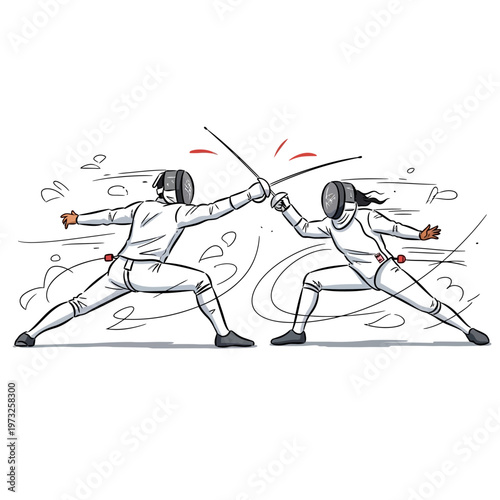 Two Fencers in Combat, Dynamic Action Illustration