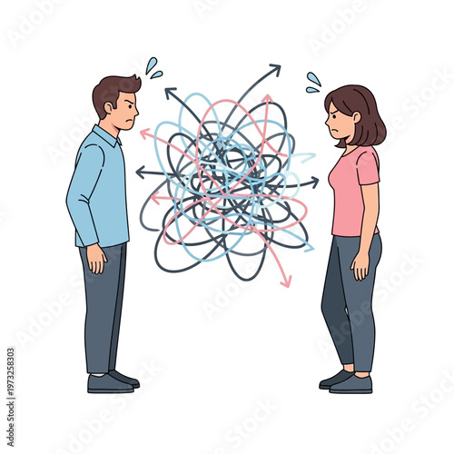 Couple in conflict with tangled thoughts and confusion between them