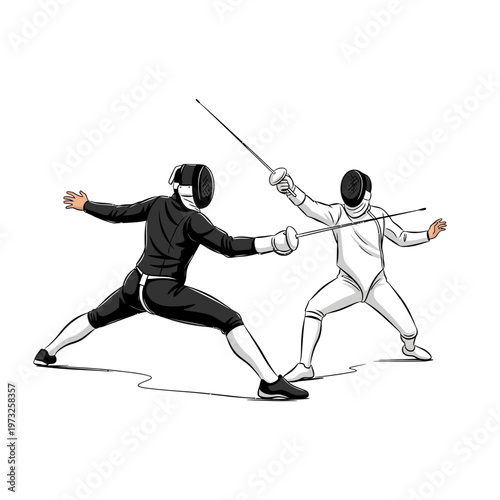 Two Fencers in Combat, Dynamic Action Pose, Sport Illustration
