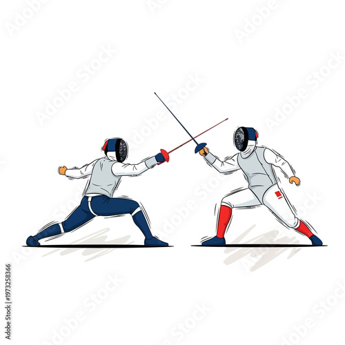 Two Fencers in Combat, Illustration of Sport Competition and Athleticism