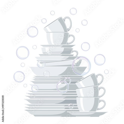 Stack of clean white dishes and cups with soap bubbles, kitchen hygiene concept