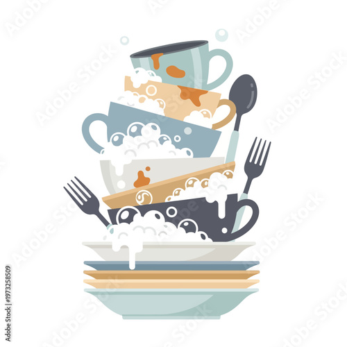 Stack of dirty dishes with soap bubbles, illustration