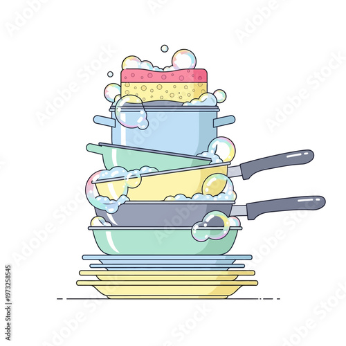 Stack of dirty dishes and cookware with soap bubbles, illustration