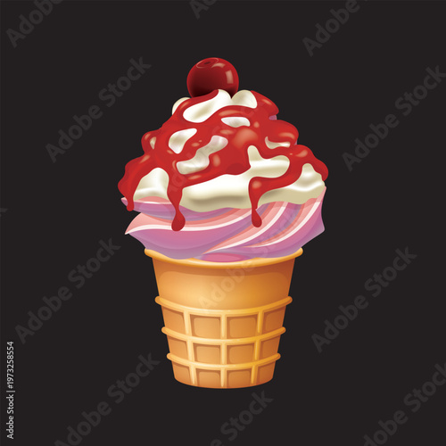 Delicious strawberry soft serve ice cream sundae in a wafer cup with whipped cream and a cherry on top.