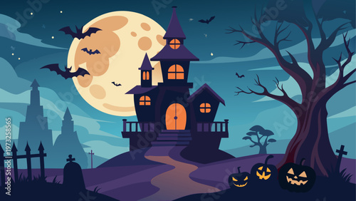 Halloween haunted house, spooky mansion, creepy night, vector illustration