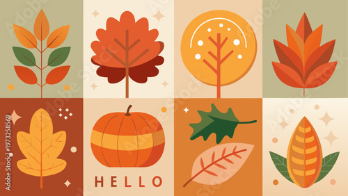 Autumn leaves, fall icons, hello greeting, seasonal vector graphics