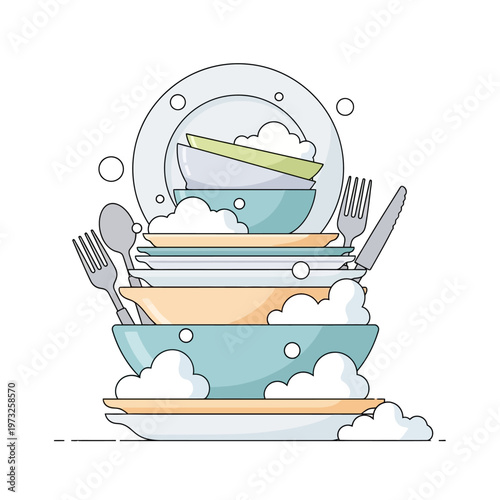 Stack of Dirty Dishes with Soap Suds, Kitchenware Cleaning Concept