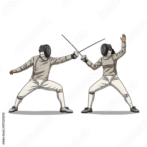 Two Fencers in Protective Gear Duel with Swords, Isolated on White Background