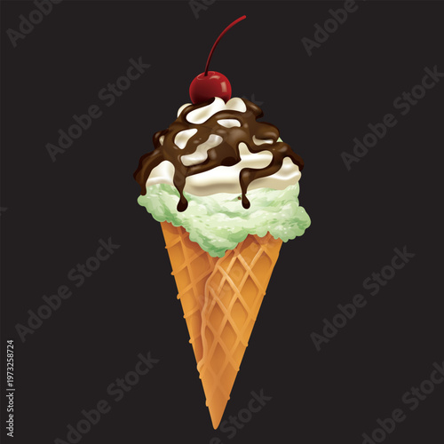 Delicious mint chocolate chip ice cream scoop in a crispy waffle cone with chocolate syrup drizzle and a cherry.