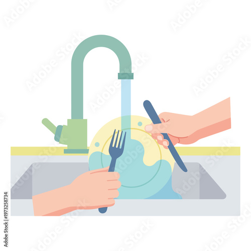 Washing Dishes by Hand: Hands Scrubbing Plate and Utensils Under Running Water