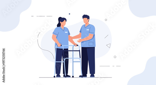 Nurse helping patient walk with walker, rehabilitation, physical therapy, healthcare concept