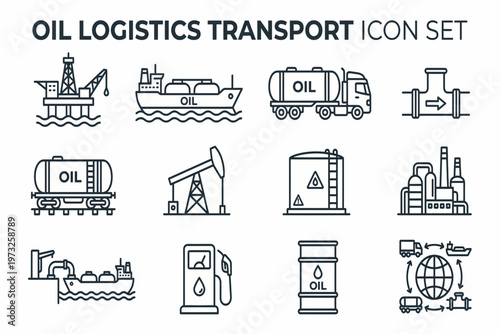 Oil logistics transport icons show oil rigs, ships, trucks, and storage tanks.