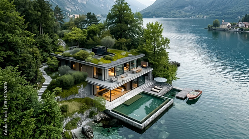 Modern house located near a lake surrounded by mountains and trees in the afternoon