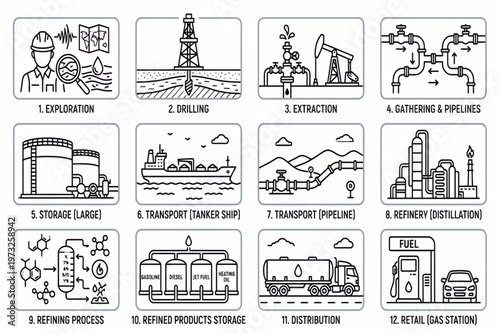 An illustration showing various industrial processes and infrastructure for oil and gas exploration and distribution.
