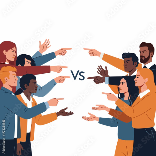 Diverse People Pointing Fingers Accusing Each Other, Conflict vs. Teamwork Concept