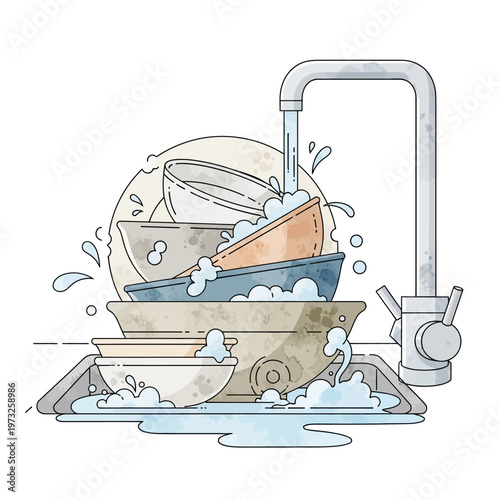 Washing Dishes in Kitchen Sink with Running Water and Soap Suds