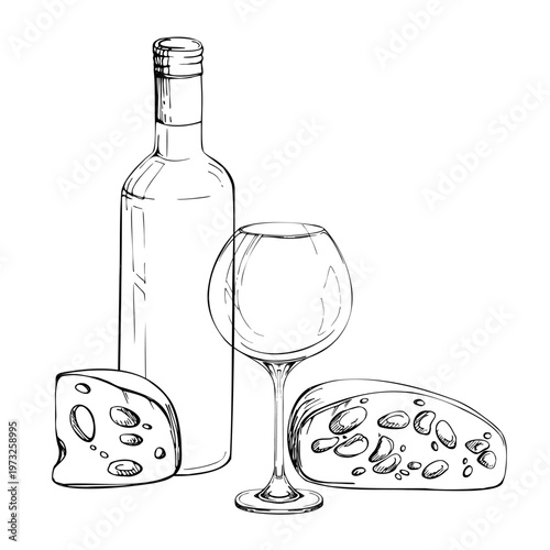 Bottle, balloon glass on long stem and Emmental, maasdam cheese cut pieces. Isolated ink vector illustration. Hand drawn for wine labels, menus, gourmet food packaging, drink lists and pairing guides