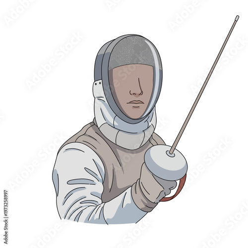 Fencer Holding Sword Ready for Duel, Protective Gear and Mask