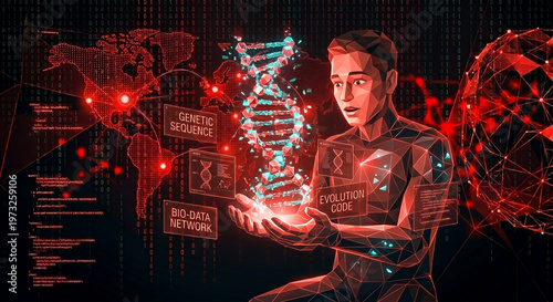 Human holds glowing DNA strand in futuristic setting with digital displays and global map shown in background