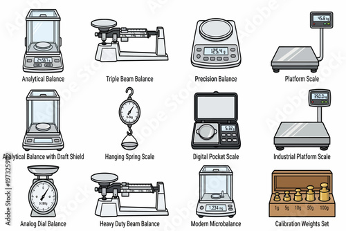 Various laboratory scales and balances for precise weight measurements