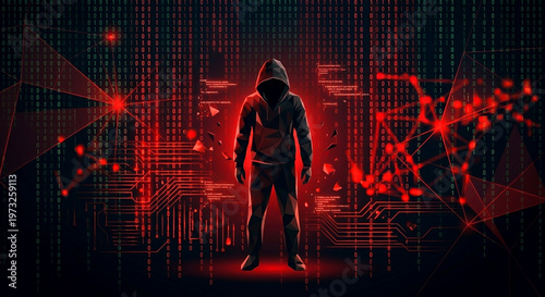 Cyber security concept with a hooded figure standing in front of digital data and binary code in a dark environment