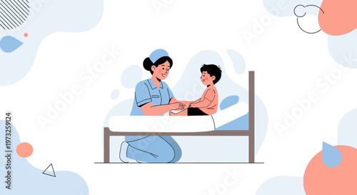 Nurse Caring for Child Patient in Hospital Bed, Medical Illustration