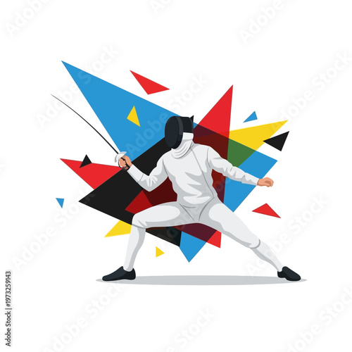 Fencer in action with dynamic abstract geometric background, sports illustration