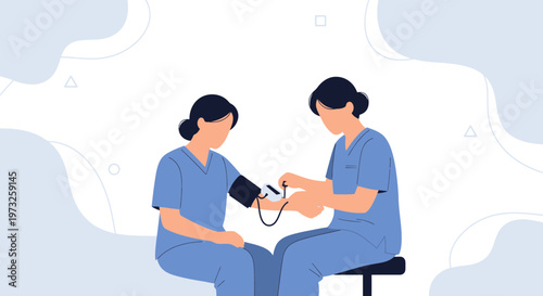 Nurse measuring patient's blood pressure with sphygmomanometer, medical checkup