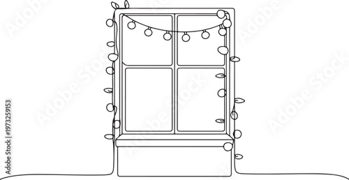 Minimalist continuous line drawing of a festive window adorned with string lights, capturing the essence of holiday decorations in a simple, elegant style