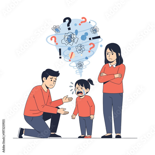 Family conflict: Father comforts crying child, mother looks angry, confused thoughts swirling