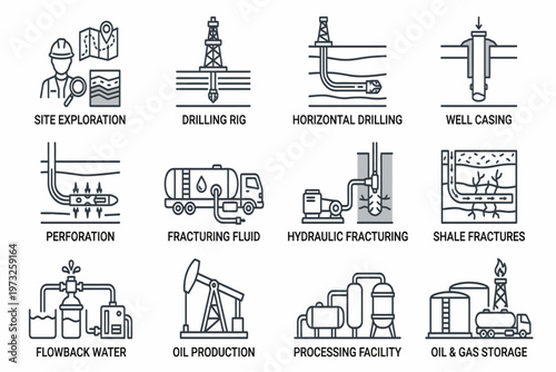 Oil rigs drilling horizontally in a processing facility with workers nearby
