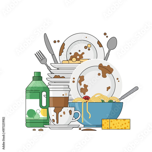 Dirty Dishes Pile with Food Scraps and Detergent Bottle