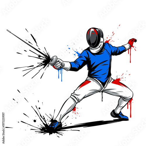 Fencer in Action, Dynamic Pose with Paint Splatter Effect, Sport Illustration