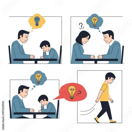 Family frustration with child's learning difficulties, idea bulb symbol