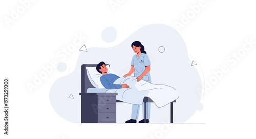 Nurse Caring for Patient in Hospital Bed, Medical Assistance, Healthcare Illustration