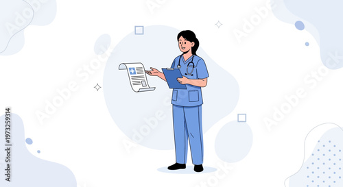Nurse holding medical document and clipboard, cartoon illustration, healthcare concept