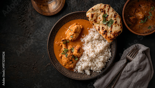 Indian chicken curry with rice and naan bread, served in dark rustic bowl with textured background, indian food