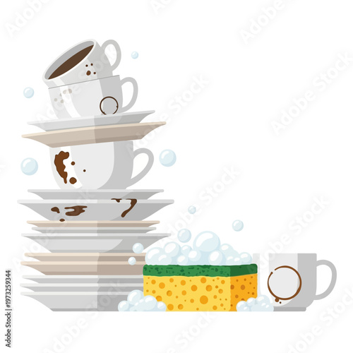 Dirty dishes stack with coffee stains, sponge and bubbles, clean up concept