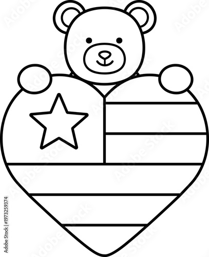 Patriotic Teddy Bear with Heart Flag Coloring Page Outline.
Cute Bear with USA Heart Flag.
Independence Day Outline Coloring Template.