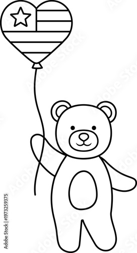 Patriotic Teddy Bear with Heart Flag Balloons Coloring Page Outline.
Cute Bear with USA Heart Flag.
Independence Day Outline Coloring Template.
