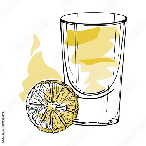 Lemon Drop, juice or lemonade vector cocktail in hand drawn ink shot glass with citrus wheel in golden gradient tones. Isolated illustration. Tropical drink menu layouts, exotic fruit vendor posters.