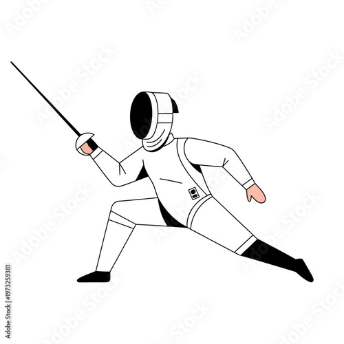 Fencer in action, holding foil, ready for combat, white uniform, isolated on white