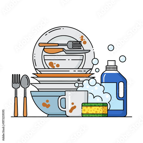 Dirty Dishes Stacked With Soap Bottle and Sponge, Kitchen Cleaning Concept