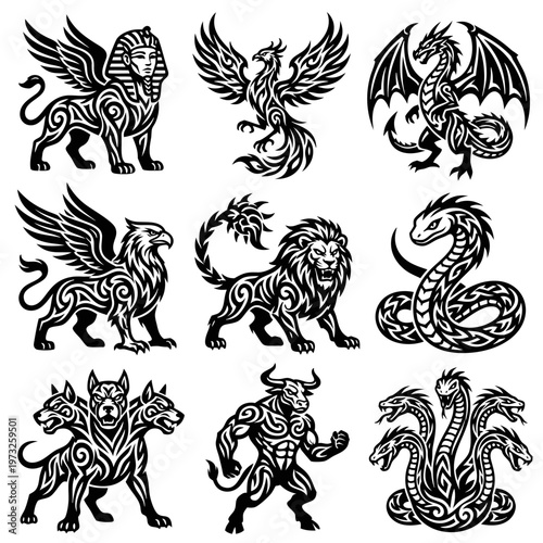 Tribal Mythology Creature Icon Set for Tattoo Design and Streetwear. Black and White Vector Pack Featuring Dragon, Phoenix, Hydra, and Minotaur Mascots for Gaming and Apparel
