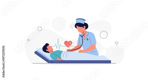 Nurse examines patient with stethoscope, heart rate monitor, medical checkup concept