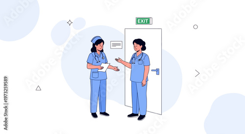 Nurses Discussing Medical Chart Near Exit Door in Hospital