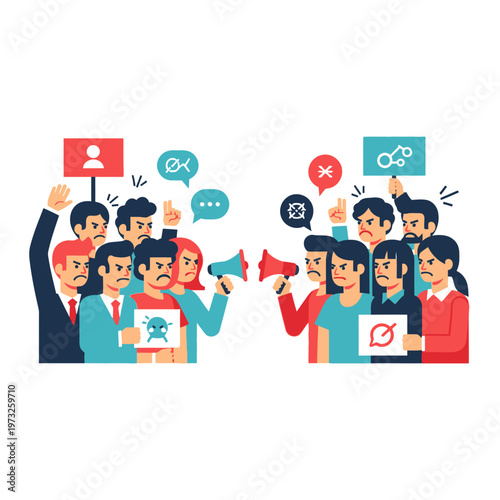 Protestors with megaphones and signs clashing, concept of disagreement and conflict